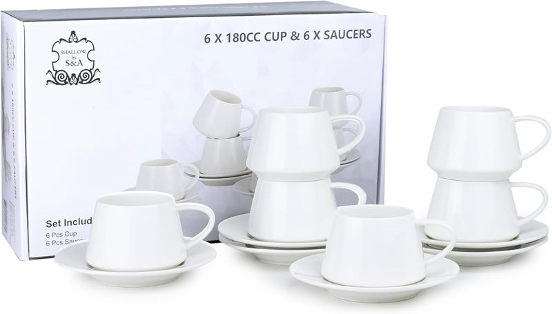 Shallow Elegant Porcelain Cup & Saucer Set – 6 Cups & 6 Saucers (12-Piece) | 180 ml White Tea & Coffee Set for Everyday & Formal Dining - Image 3